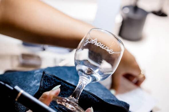 Hand engraved wine glass for guest favors at Aldie Mansion wedding in Philadelphia, PA.