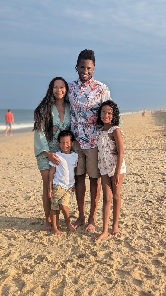 Tiffany, owner of SLM & Design Co., with her fiancé and two children enjoying a family beach day in Ocean City, Maryland — the creative heart behind a Southcentral Pennsylvania-based calligraphy and engraving business.