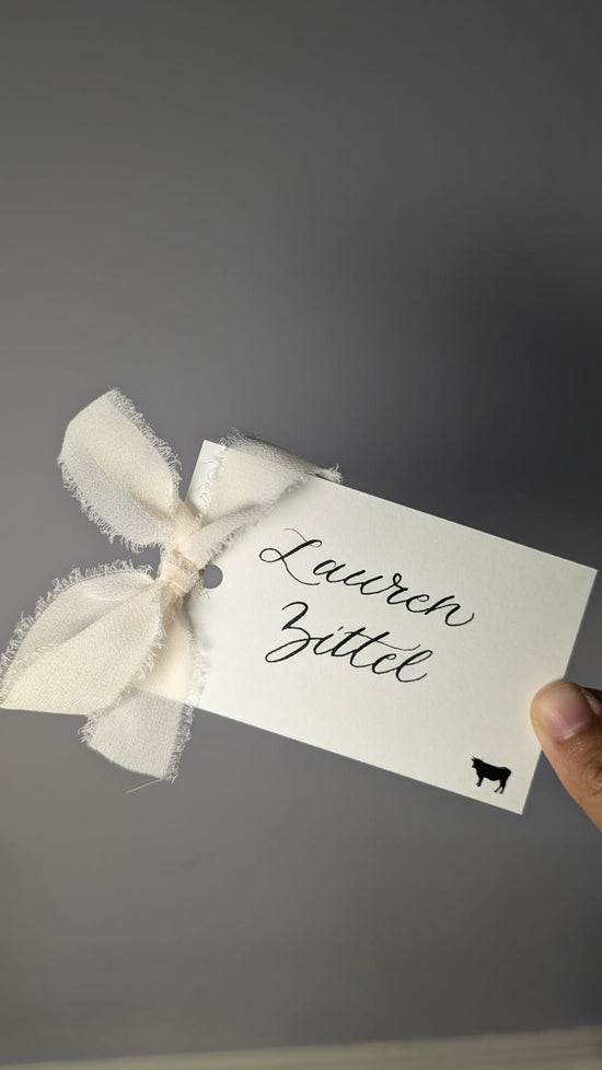 Elegant wedding place card with handwritten calligraphy for guest Lauren Zittel, featuring a soft beige chiffon ribbon tied in a bow and a small cow icon meal indicator in the bottom right corner. Designed for a wedding reception at the Free Library of Philadelphia in Philadelphia, PA. 