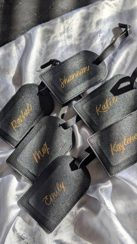 Luxury hand heat foiled leather luggage tags crafted as a custom client commission in Philadelphia, PA.