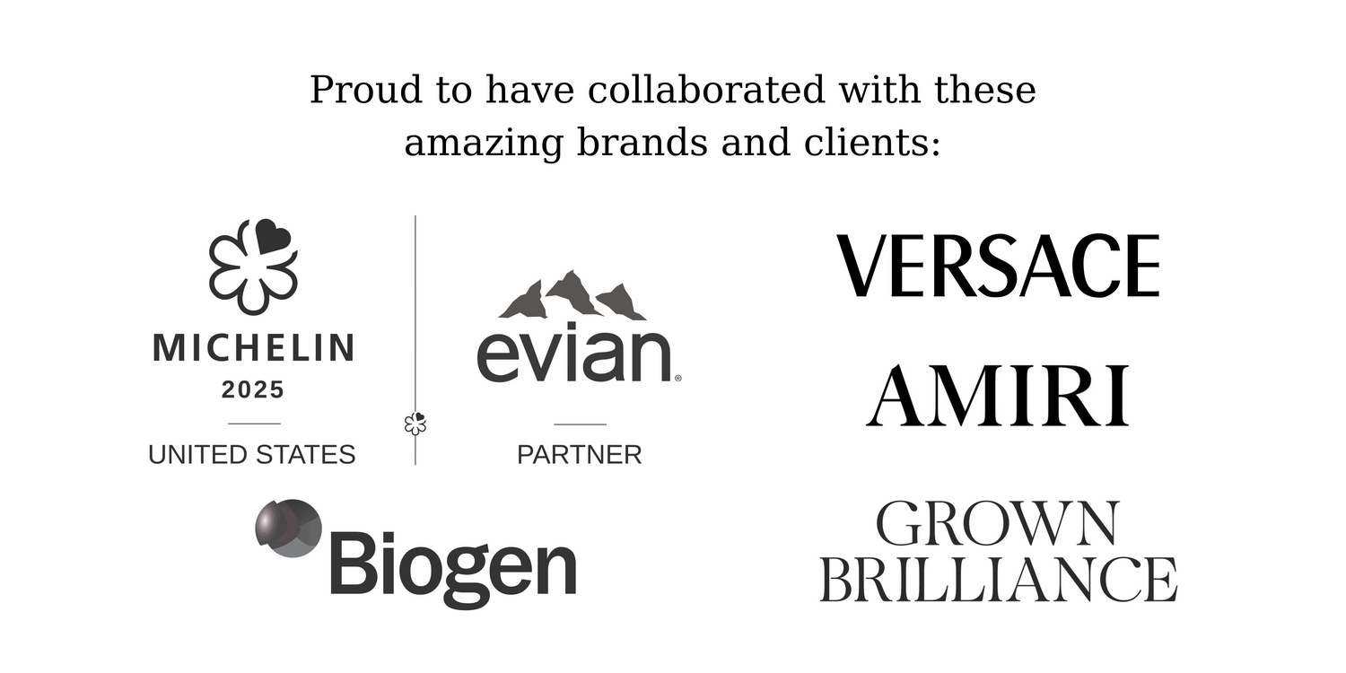 Luxury brands I’ve collaborated with including Evian, Michelin, Versace, Amiri, Grown Brilliance and Biogen in Philadelphia, Pennsylvania.