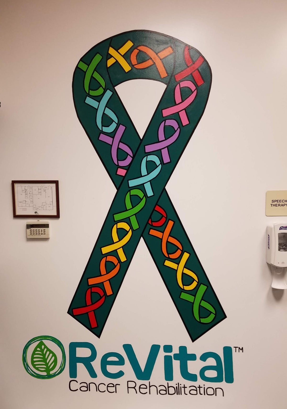 Hand-painted ribbon wall mural for the Revital Cancer Rehabilitation program at Select Physical Therapy in Carlisle, Pennsylvania.
